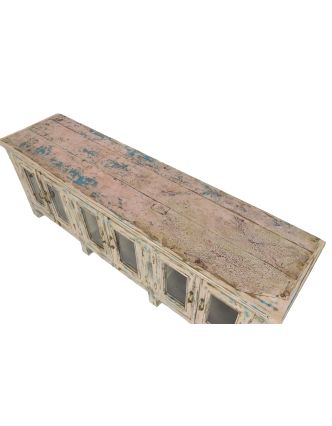 Prosklená skříňka z teakového dřeva, růžovo tyrkysová patina, 177x45x63cm
