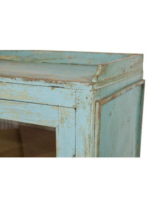 Prosklená skříňka z teakového dřeva, tyrkysová patina, 92x45x132cm
