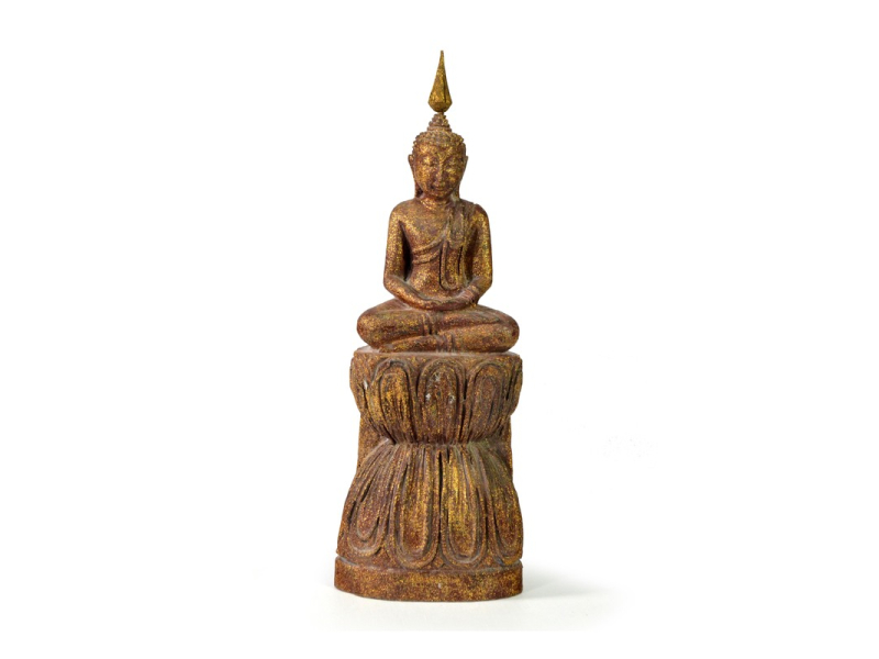 Narozeninový Buddha, čtvrtek, teak, hnědá patina, 26cm