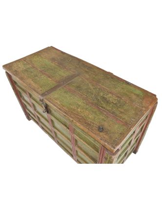 Stará truhla z teakového dřeva, ručně malovaná, zdobená kováním, 131x61x83cm