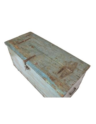 Stará truhla z teakového dřeva, tyrkysová, železné kování, 139x61x69cm