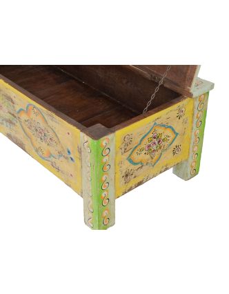 Stará truhla z teakového dřeva, ručně malovaná, zdobená kováním, 112x50x38cm