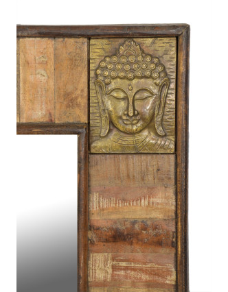 Zrcadlo v rámu, kování hlavy Buddhy, antik teak, 90x5x122cm