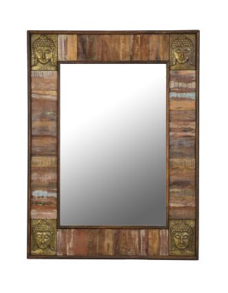 Zrcadlo v rámu z teakového dřeva zdobené reliéfy buddhů, 90x5x122cm