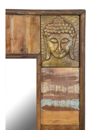 Zrcadlo v rámu, antik teak, kování hlavy Buddhy, 90x5x122cm