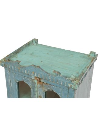 Prosklená skříňka z teakového dřeva, tyrkysová patina, plechové boky, 56x41x70cm