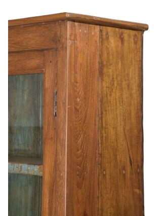 Prosklená skříň z teakového dřeva, tyrkysová uvnitř, 98x36x188cm