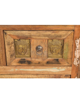 Komoda ze starého teakového dřeva, mosazné kování, reliéfy Buddhů, 85x40x85cm