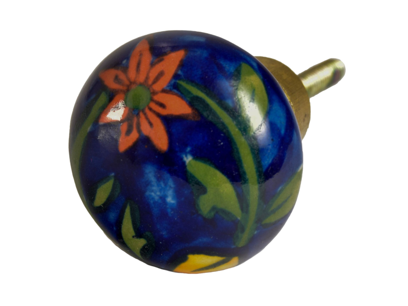 Malovaná porcelánová úchytka na šuplík, modrá, oranžová květina, průměr 3,7 cm