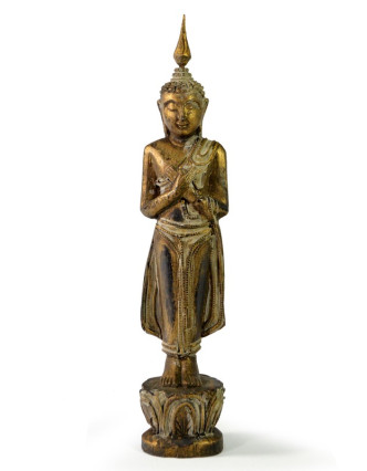 Narozeninový Buddha, pátek, teak, zlatá patina, 26cm