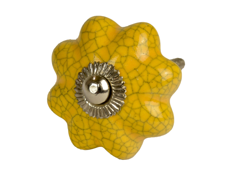 Malovaná porcelánová úchytka na šuplík, žlutá, tvar květu, popraskaný efekt, 4cm