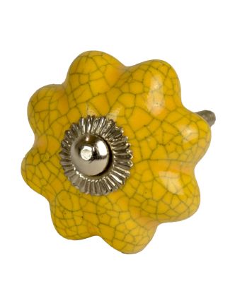Malovaná porcelánová úchytka na šuplík, žlutá, tvar květu, popraskaný efekt, 4cm