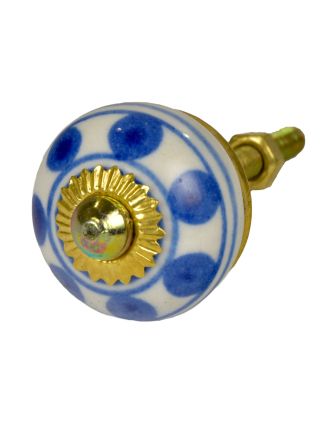 Malovaná porcelánová úchytka na šuplík, bílá s modrými puntíky a proužky, 3cm