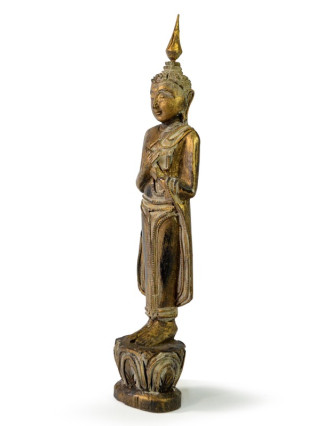 Narozeninový Buddha, pátek, teak, zlatá patina, 26cm