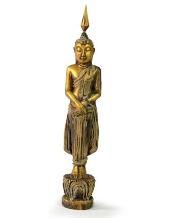 Narozeninový Buddha, neděle, teak, zlatá patina, 26cm