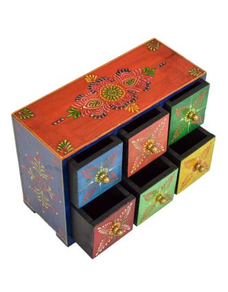 Dřevěná skříňka s 6 šuplíky, ručně malovaná, 25x10x18cm