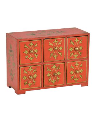 Dřevěná červená skříňka s 6 šuplíky, ručně malovaná, 25x10x18cm