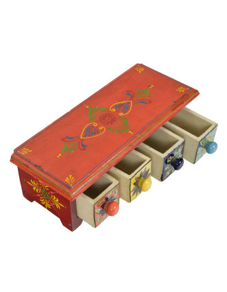 Dřevěná skříňka se 4 keramickými šuplíky, ručně malované, 30x12x10cm