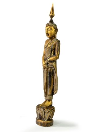 Narozeninový Buddha, neděle, teak, zlatá patina, 26cm