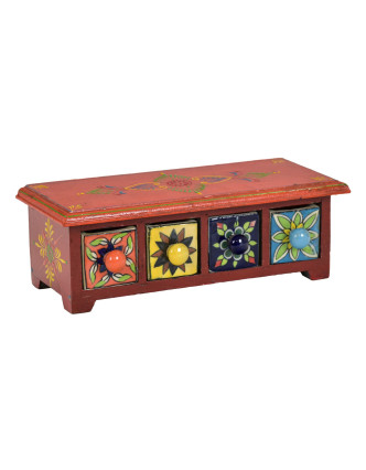 Dřevěná skříňka se 4 keramickými šuplíky, ručně malované, 30x12x10cm