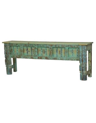 Konzolový stolek z mangového dřeva, tyrkysová patina, 201x43x76cm