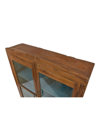 Prosklená skříňka z teakového dřeva, tyrkysová uvnitř, 103x27x128cm