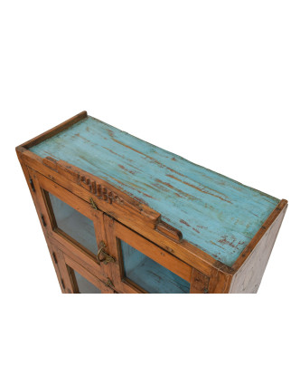 Prosklená skříňka z teakového dřeva, tyrkysová uvnitř, 74x30x91cm