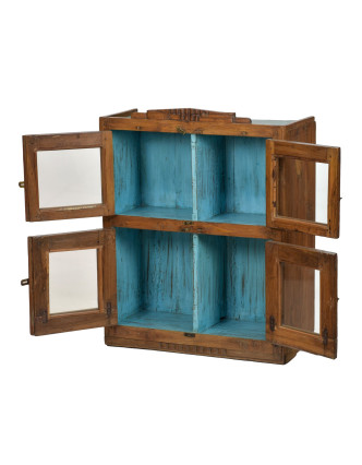 Prosklená skříňka z teakového dřeva, tyrkysová uvnitř, 74x30x91cm