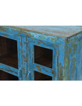 Prosklená skříňka z teakového dřeva, tyrkysová patina, 93x41x86cm