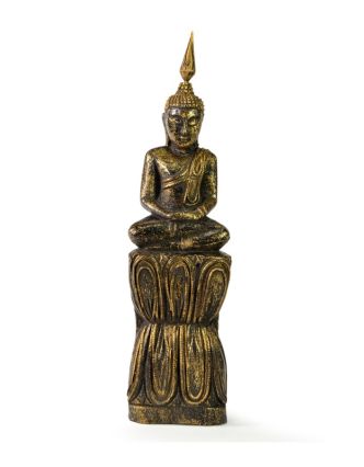 Narozeninový Buddha, čtvrtek, teak, černo-zlatá patina, 26cm