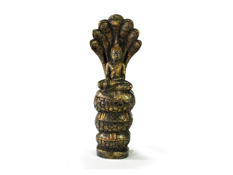 Narozeninový Buddha, sobota, teak, černo-zlatá patina, 26cm