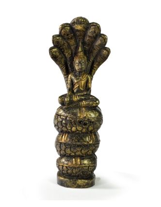 Narozeninový Buddha, sobota, teak, černo-zlatá patina, 26cm