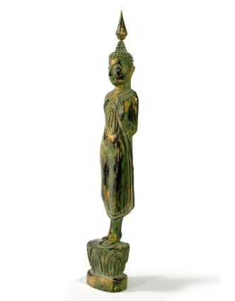Narozeninový Buddha, pondělí, teak, zelená patina, 26cm