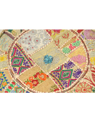 Taburet, Rajasthan, patchwork, Ari bohatá výšivka, béžový podklad, 56x56x30cm