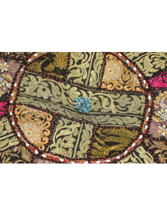 Taburet, Rajasthan, patchwork, Ari bohatá výšivka, černý podklad, 56x56x33cm