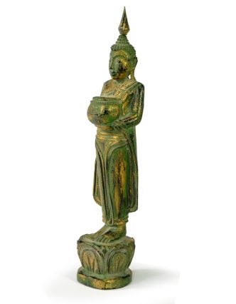 Narozeninový Buddha, středa, teak, zelená patina, 26cm