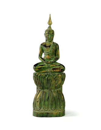 Narozeninový Buddha, čtvrtek, teak, zelená patina, 26cm