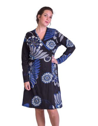 Celo-zavinovací šaty s dlouhým rukávem, černé s modrým potiskem