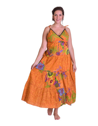 Dlouhé oranžové šaty "Flower design", zavazování za krk