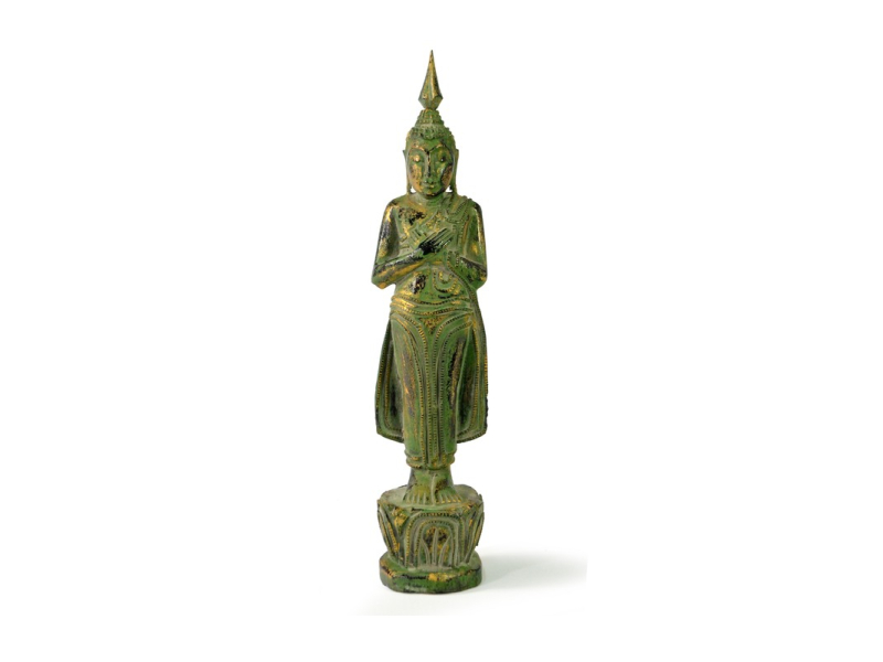 Narozeninový Buddha, pátek, teak, zelená patina, 26cm
