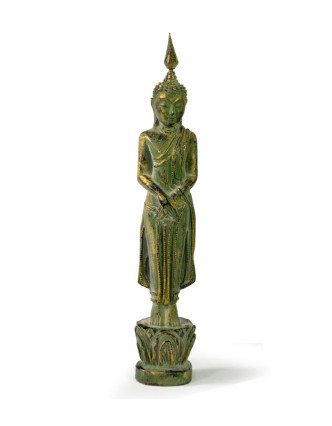 Narozeninový Buddha, neděle, teak, zelená patina, 26cm