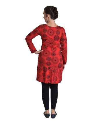 Krátké šaty s dlouhým rukávem, červené, drobný potisk, kulatý výstřih