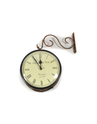 Oboustranné závěsné hodiny, bronz., květinový motiv, zdobený mosazný plech, 22cm