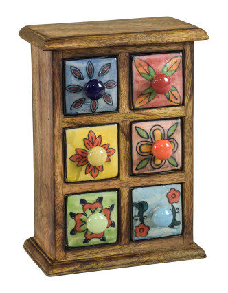 Dřevěná skříňka se 6 keramickými šuplíky, ručně malované, 17x10x24cm