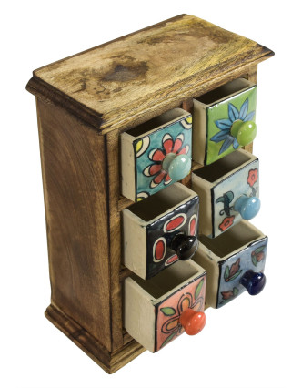 Dřevěná skříňka se 6 keramickými šuplíky, ručně malované, 17x10x26cm