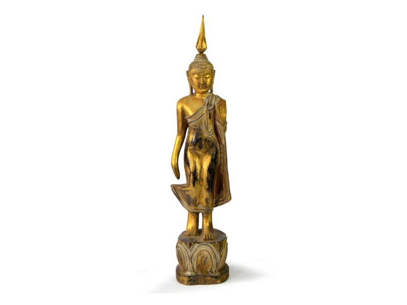 Narozeninový Buddha, pondělí, teak, zlatá patina, 35cm