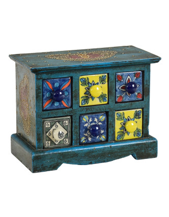 Dřevěná skříňka se 6 keramickými šuplíky, ručně malované, 23x12x18cm