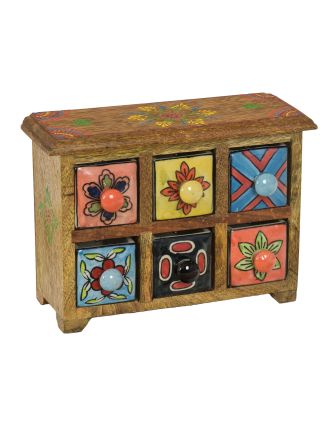 Dřevěná skříňka se 6 keramickými šuplíky, ručně malované, 25x10x18cm