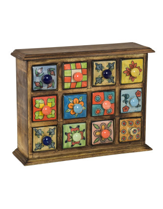 Dřevěná skříňka s 12 keramickými šuplíky, ručně malované, 31x10x24cm