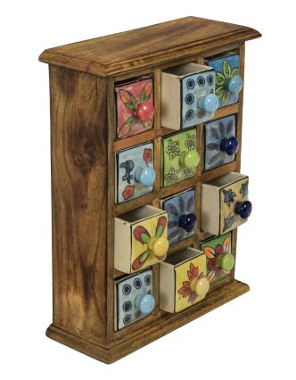 Dřevěná skříňka s 12 keramickými šuplíky, ručně malované, 24x10x32cm